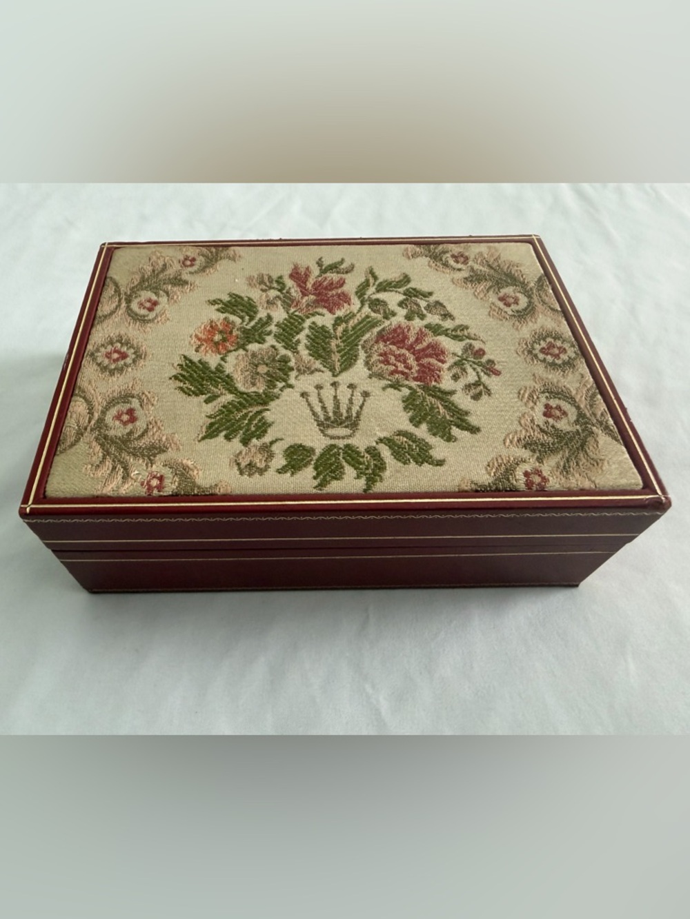 ROLEX ANTIQUE BOX COLLECTIBLE FLOWERS TAPESTRY JEWELRY MOD 50'-60's RETRO GENEVE
